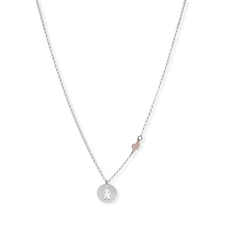 Naszyjnik srebrny z chłopczykiem oraz serduszkiem w kolorze różowego złota