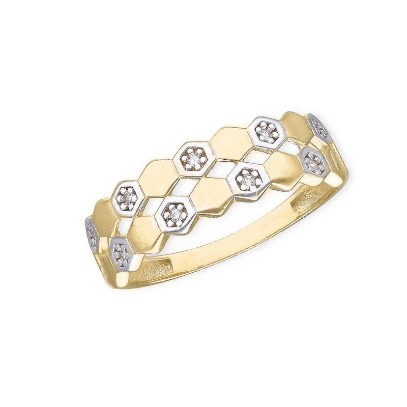 PIERŚCIONEK Z ŻÓŁTEGO ZŁOTA - ZŁĄCZONE SZEŚCIANY CO DRUGI W BIAŁYM ZŁOCIE WYPEŁNIONY CYRKONIAMI