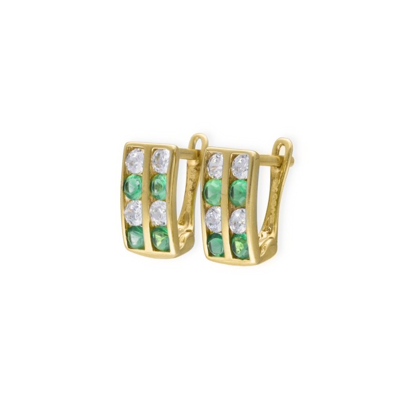 KOLCZYKI Z ŻÓŁTEGO ZŁOTA - PODWÓJNE PRZECINKI Z ZIELONĄ I BIAŁĄ CYRKONIĄ