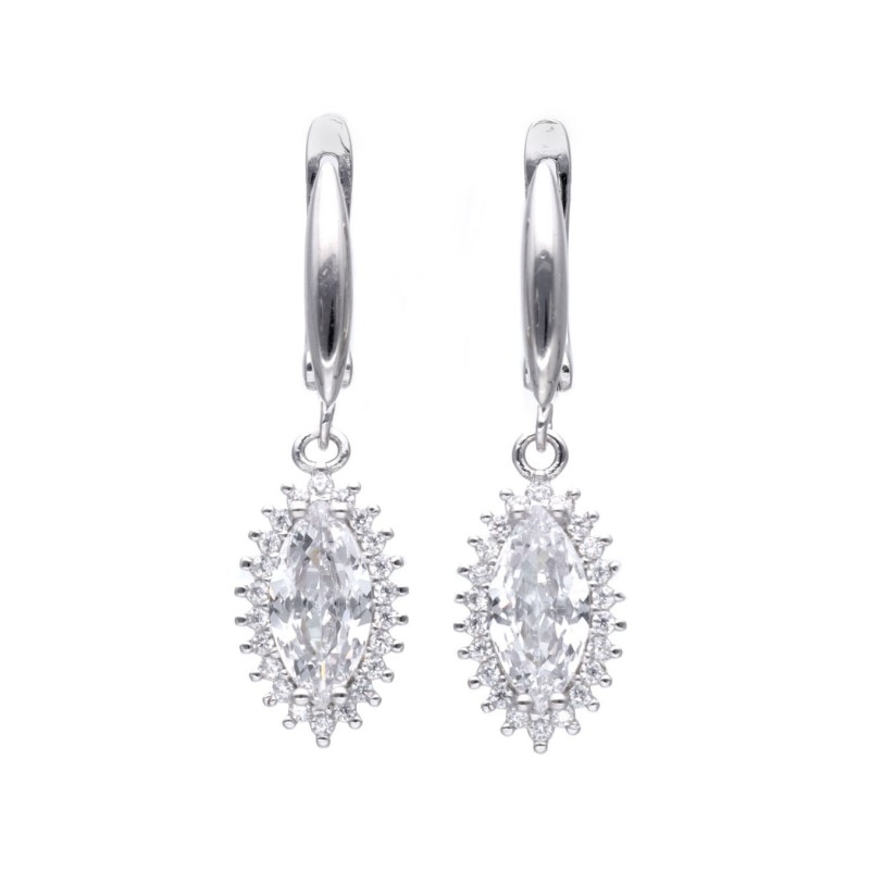 KOLCZYKI SREBRNE WISZĄCE  Z GŁÓWNĄ BEZBARWNĄ CYRKONIĄ OTOCZONĄ JASNYMI CYRKONIAMI