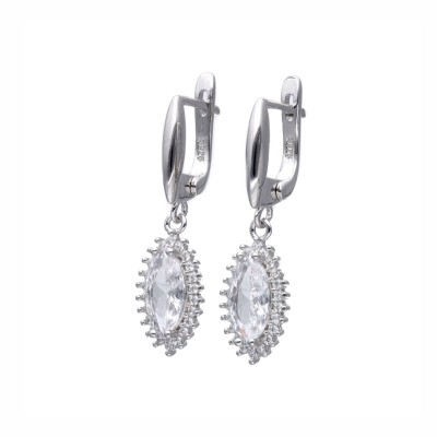 KOLCZYKI SREBRNE WISZĄCE  Z GŁÓWNĄ BEZBARWNĄ CYRKONIĄ OTOCZONĄ JASNYMI CYRKONIAMI