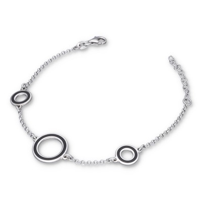 Bransoletka srebrna z czarnymi kołami różnej wielkości na ażurowym łańcuszku