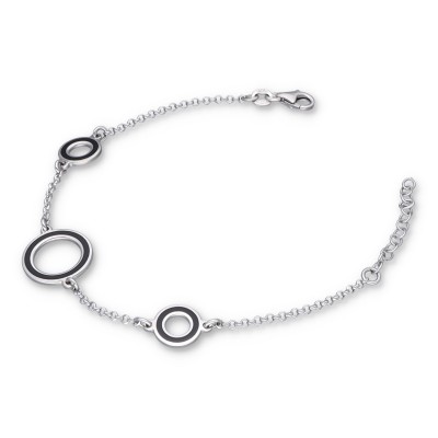 Bransoletka srebrna z czarnymi kołami różnej wielkości na ażurowym łańcuszku