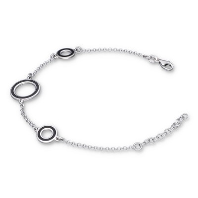 Bransoletka srebrna z czarnymi kołami różnej wielkości na ażurowym łańcuszku