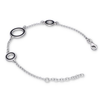 Bransoletka srebrna z czarnymi kołami różnej wielkości na ażurowym łańcuszku