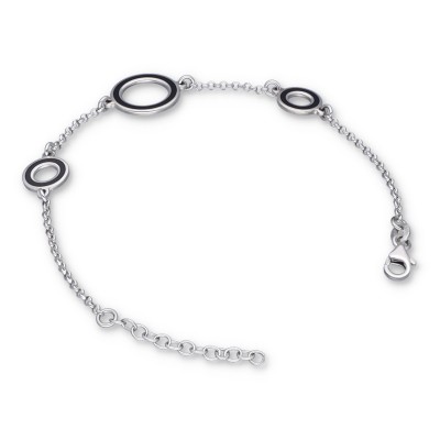 Bransoletka srebrna z czarnymi kołami różnej wielkości na ażurowym łańcuszku