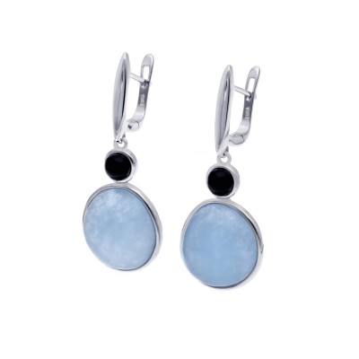 Kolczyki srebrne z akwamarynem i onyksem na angielskim zapięciu