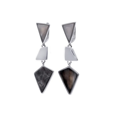 Kolczyki srebrne z geometrycznymi elementami wypełnionymi masą perłową na angielskim zapięciu