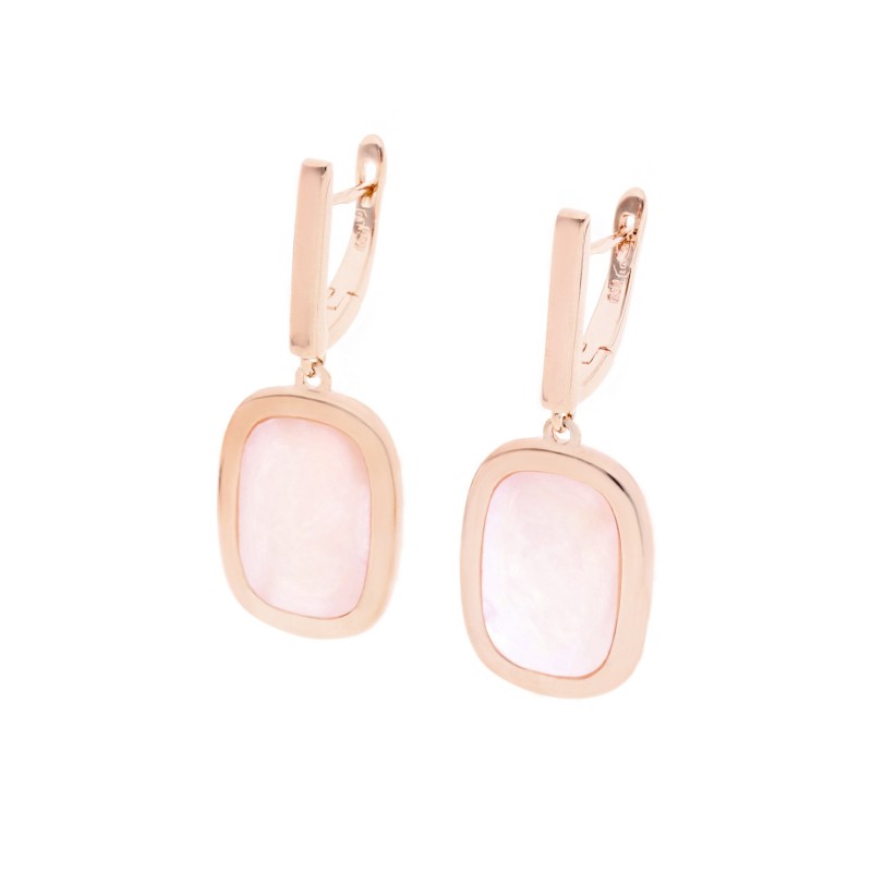 Kolczyki srebrne złocone na różowo w kształcie prostokąta z masą perłową na angielskim zapięciu
