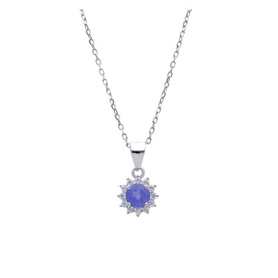Naszyjnik srebrny z tanzanitem oraz cyrkoniami w formie kwiatowej