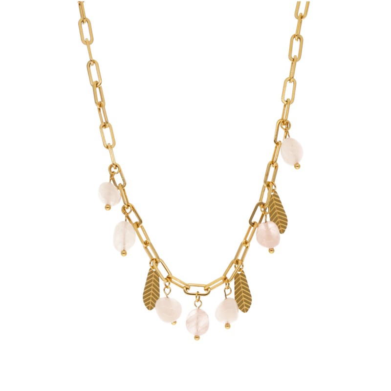 Naszyjnik stalowy z kwarcem różowym i listkami