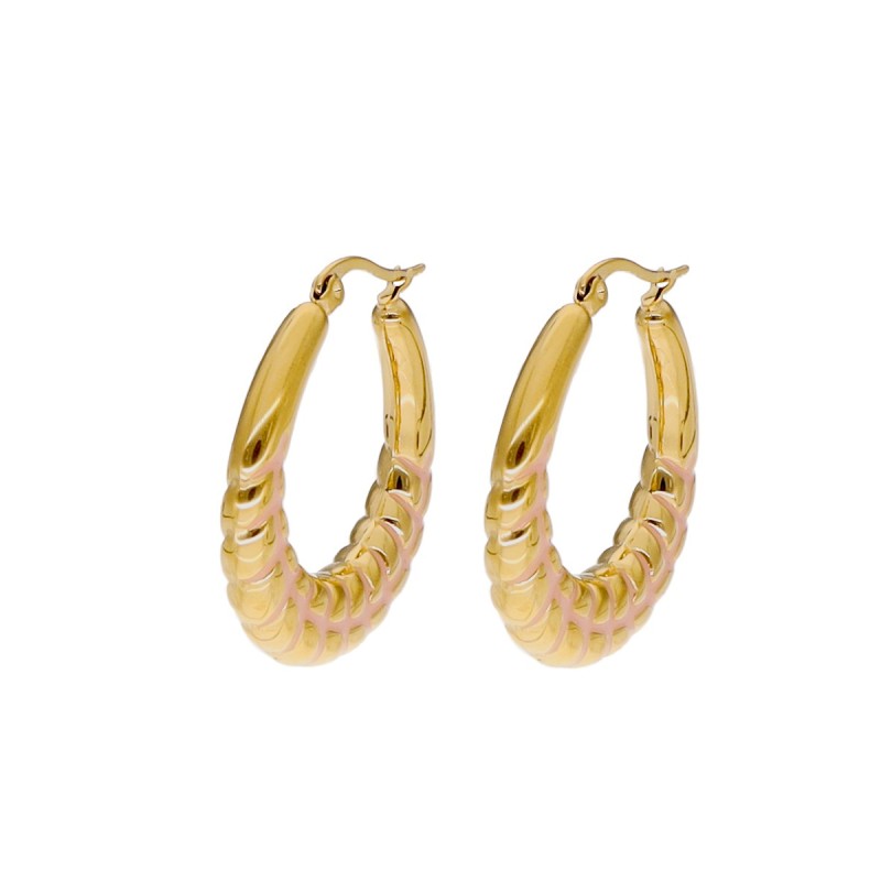 Kolczyki złocone ze stali szlachetnej kółka ozdobione różową emalią