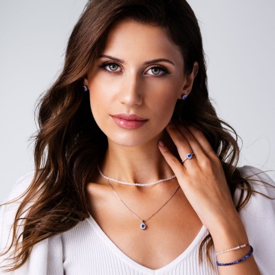 Kolczyki srebrne z tanzanitem oraz cyrkoniami w formie kwiatowej na sztyft