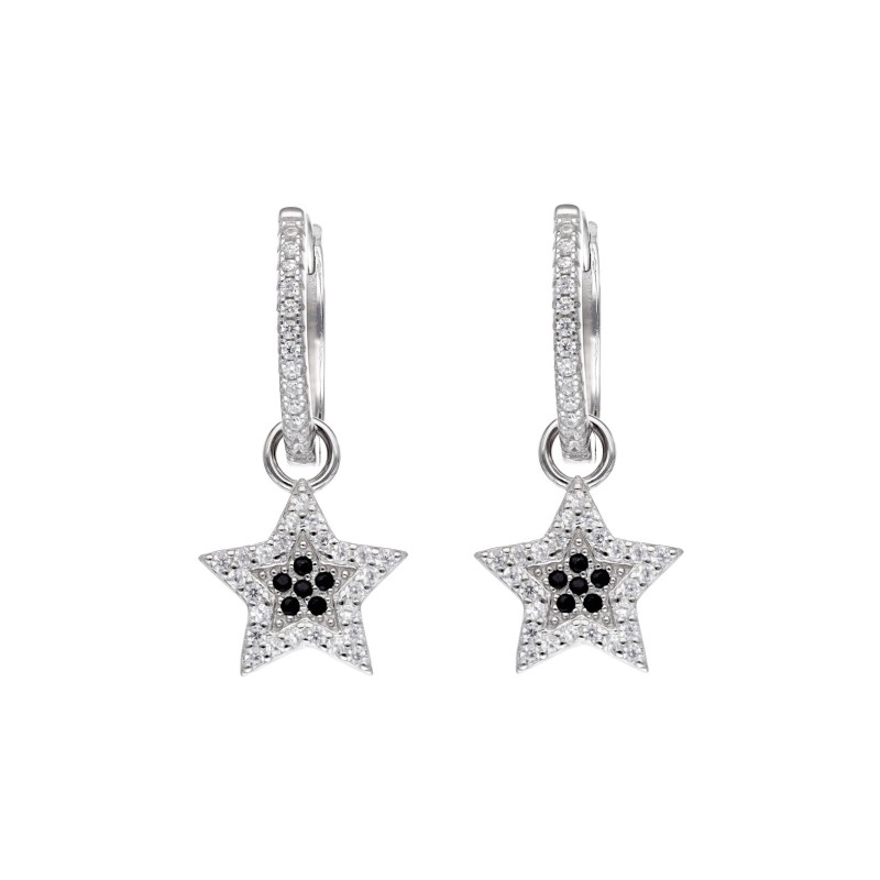 Kolczyki srebrne - kółeczka z gwiazdką z czarnymi i bezbarwnymi cyrkoniami