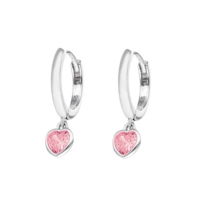 Kolczyki srebrne - kółeczka z serduszkiem z różową cyrkonią