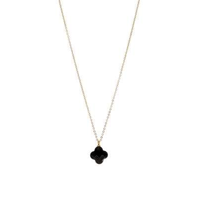 Naszyjnik stalowy złocony z czarnym agatem w kształcie koniczyny
