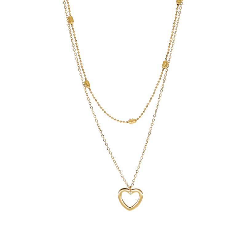 Naszyjnik stalowy złocony - ozdobny podwójny łańcuszek w sercem