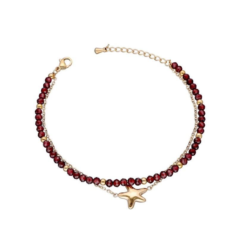 Bransoletka ze stali szlachetnej złocona na podwójnym łańcuszku z granatem