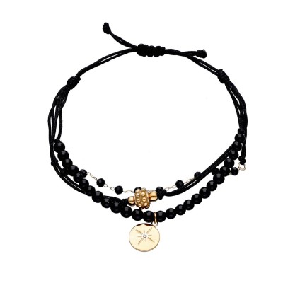 Bransoletka ze stali szlachetnej złocona z czarnym agatem