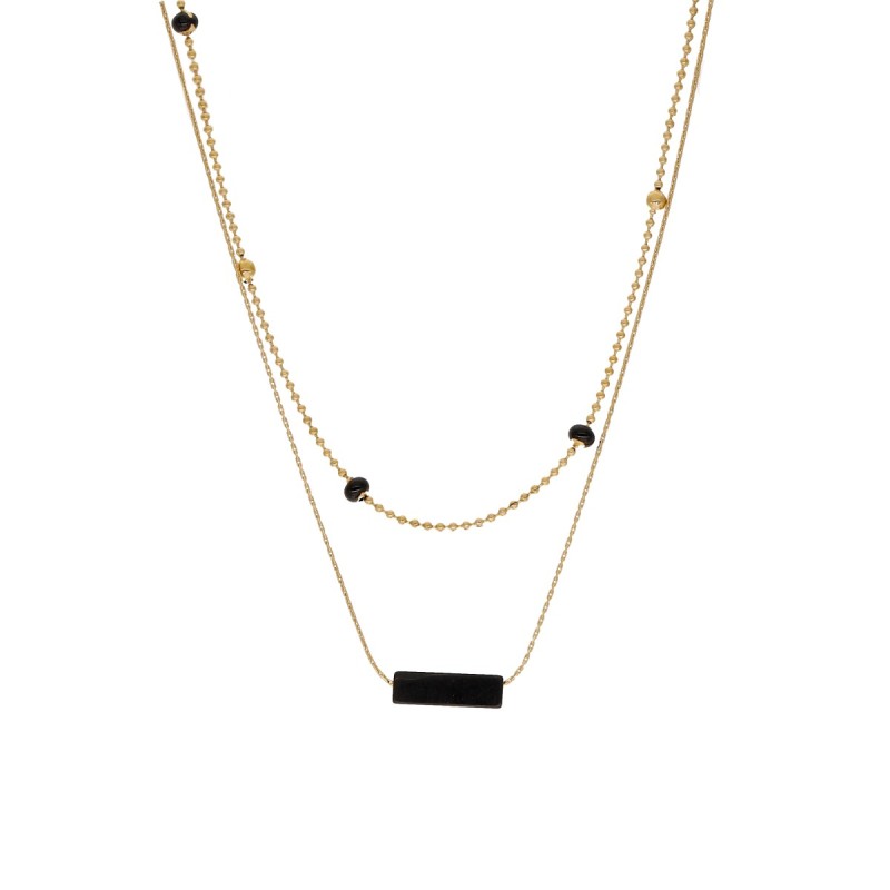 Złocony podwójny naszyjnik ze stali szlachetnej z czarnym agatem