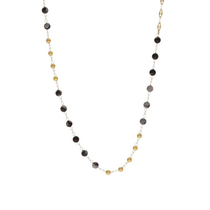 Złocony naszyjnik ze stali szlachetnej z kuleczkami z obsydianu