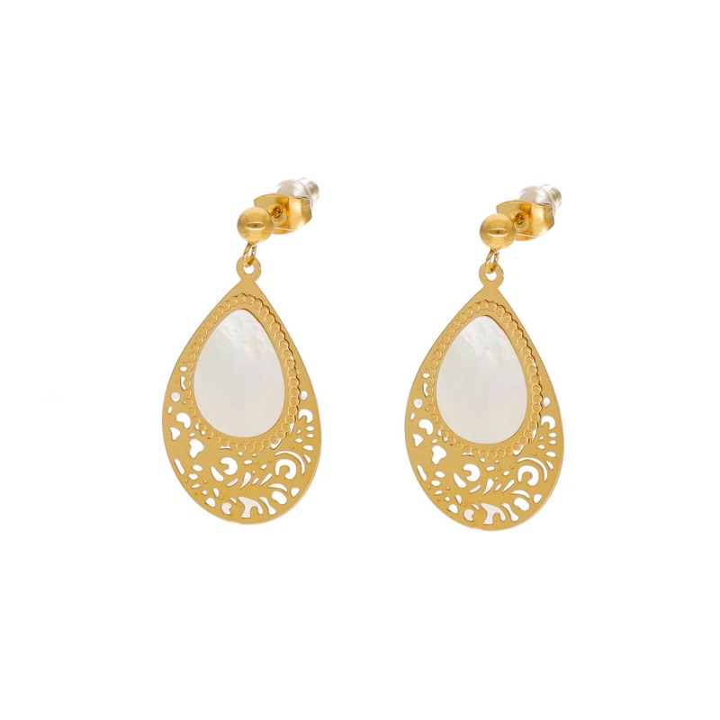 Kolczyki złocone ze stali szlachetnej ozdobne łezki z masą perłową