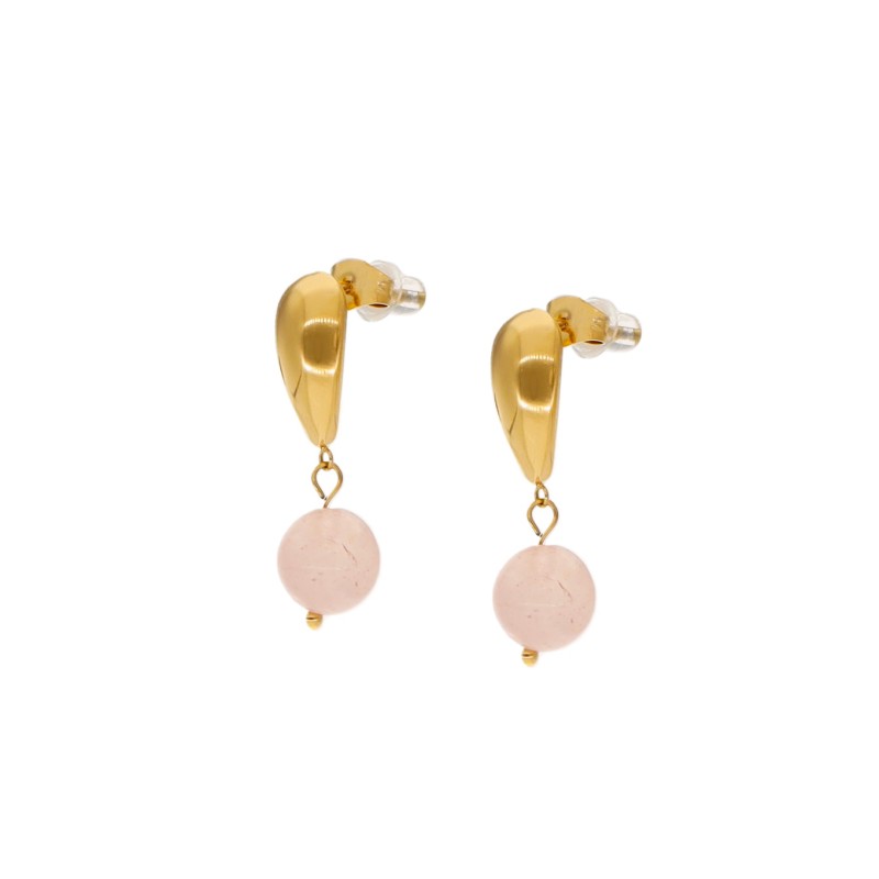 Kolczyki złocone ze stali szlachetnej łezki zakończone kwarcem różowym
