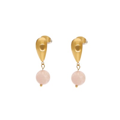 Kolczyki złocone ze stali szlachetnej łezki zakończone kwarcem różowym