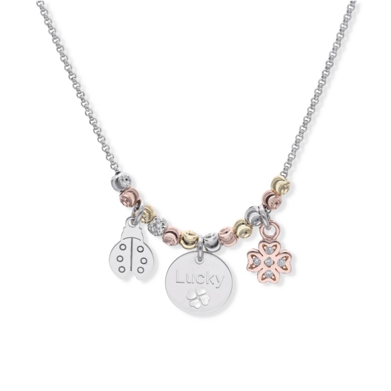 Naszyjnik srebrny z elementami w kształcie biedronki, koniczynki oraz blaszka z napisem lucky
