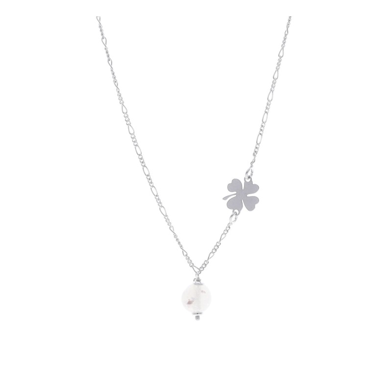 Naszyjnik srebrny z perełką oraz koniczynką na łańcuszku o splocie figaro