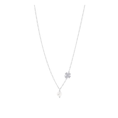 Naszyjnik srebrny z perełką oraz koniczynką na łańcuszku o splocie figaro