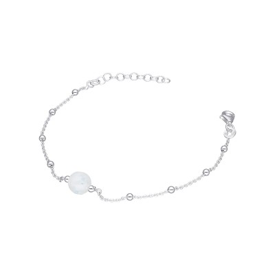 Bransoletka srebrna z gładkimi kuleczkami oraz perełką na środku na ażurowym łańcuszku