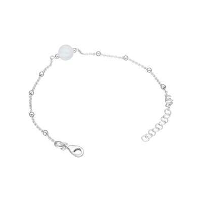 Bransoletka srebrna z gładkimi kuleczkami oraz perełką na środku na ażurowym łańcuszku