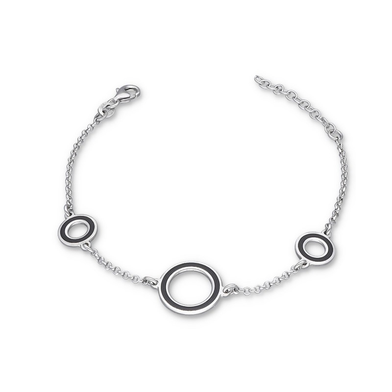 Bransoletka srebrna z czarnymi kołami różnej wielkości na ażurowym łańcuszku