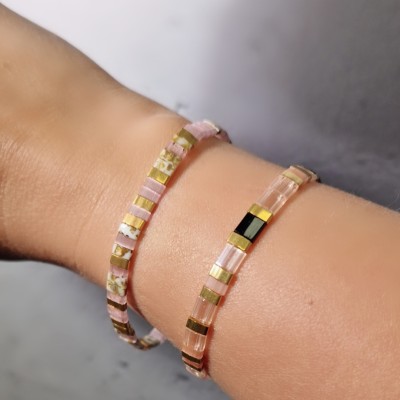 Bransoletka ze stali szlachetnej z koralikami miyuki w kolorze różowo - złotym