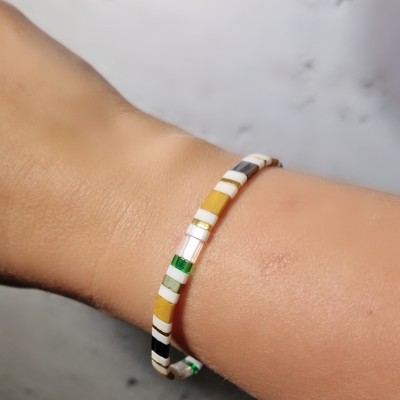 Bransoletka ze stali szlachetnej z koralikami miyuki w kolorze żółtym i zielonym