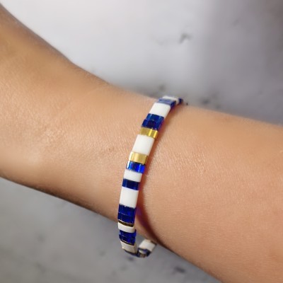 Bransoletka ze stali szlachetnej z koralikami miyuki w kolorze niebiesko białym