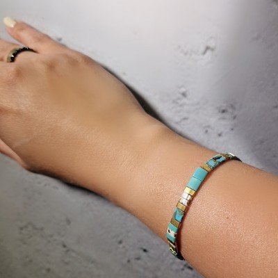 Bransoletka ze stali szlachetnej z koralikami miyuki w kolorze turkusowo - złotym