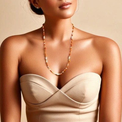 Naszyjnik ze stali szlachetnej z karneolem o perłą hodowlaną