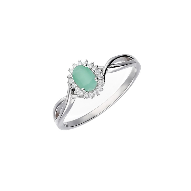 Pierścionek srebrny ze szmaragdem w kształcie owalu otoczonym cyrkoniami