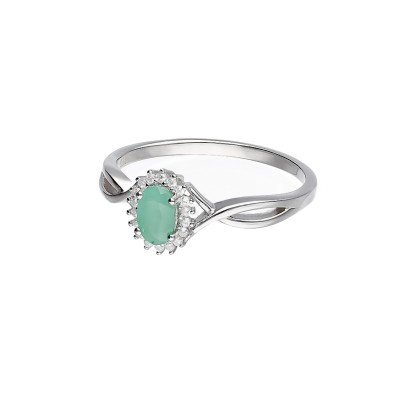 Pierścionek srebrny ze szmaragdem w kształcie owalu otoczonym cyrkoniami