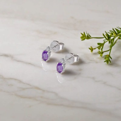 Kolczyki srebrne z ametystem oraz cyrkonią na sztyft