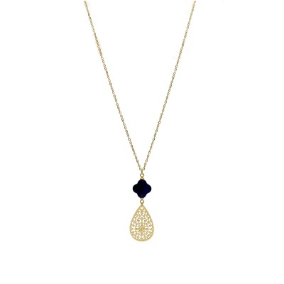 Naszyjnik ze stali szlachetnej złocony z ażurową zawieszką i koniczyną z lapis lazuli