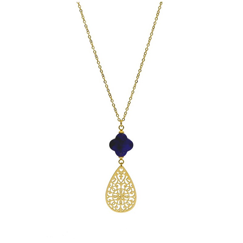 Naszyjnik ze stali szlachetnej złocony z ażurową zawieszką i koniczyną z lapis lazuli