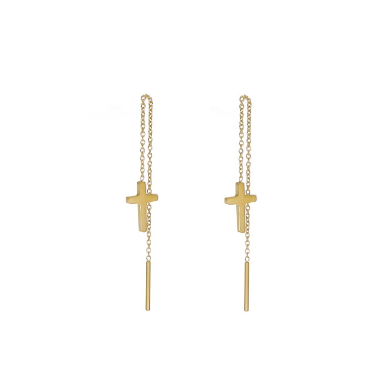 Kolczyki złocone ze stali szlachetnej przeciągane z krzyżykiem