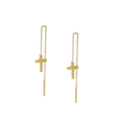 Kolczyki złocone ze stali szlachetnej przeciągane z krzyżykiem