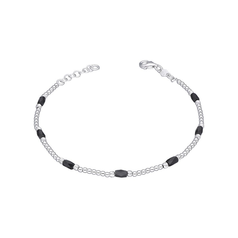Bransoletka srebrna z drobnymi czarnymi koralikami na ozdobnym łańcuszku połączonym kuleczkami