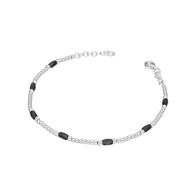 Bransoletka srebrna z drobnymi czarnymi koralikami na ozdobnym łańcuszku połączonym kuleczkami