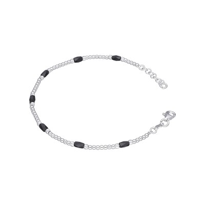 Bransoletka srebrna z drobnymi czarnymi koralikami na ozdobnym łańcuszku połączonym kuleczkami