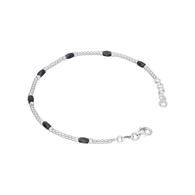 Bransoletka srebrna z drobnymi czarnymi koralikami na ozdobnym łańcuszku połączonym kuleczkami
